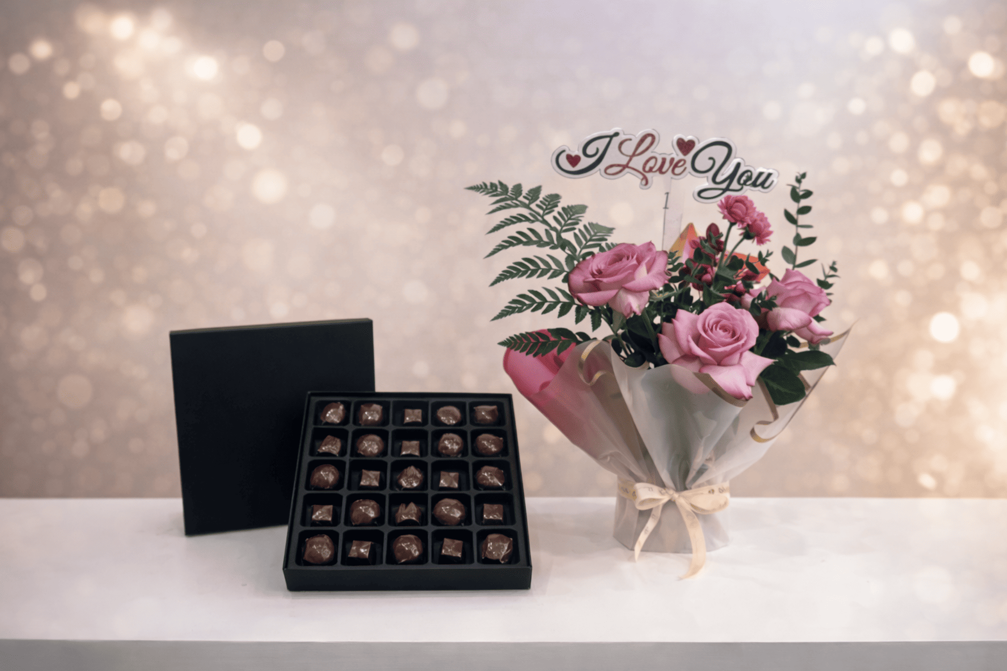 Picture of Assorted Chocolate Box 25 pcs | Pink Flowers Bouqet