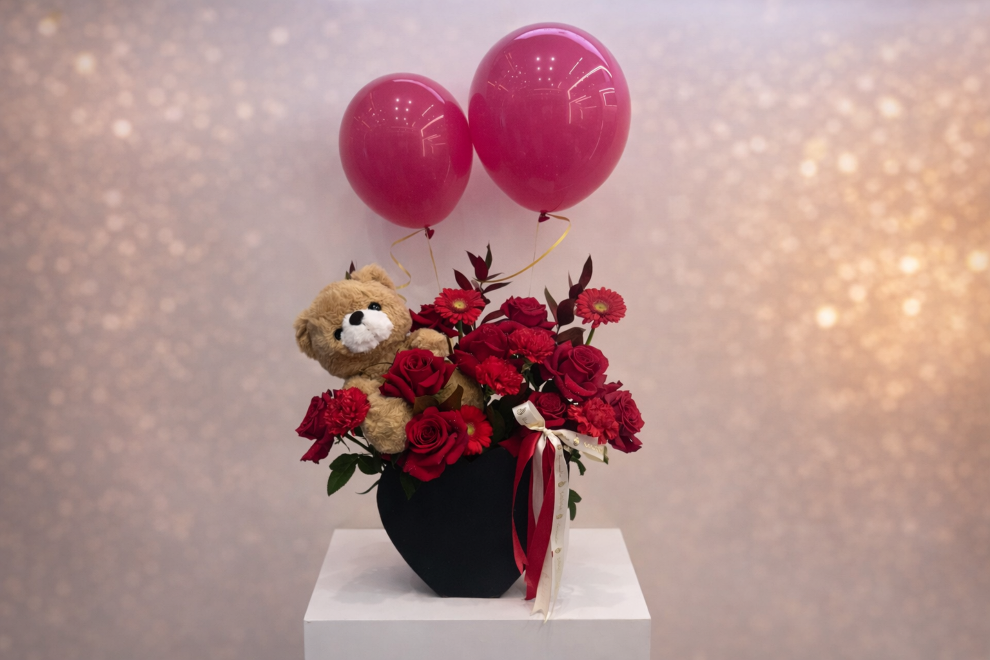 Picture of Red Flowers Box | Teddy Bear | Balloons